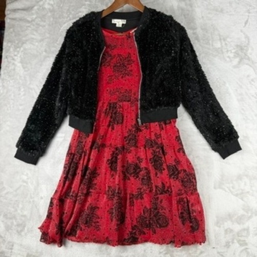 Girls Red Black Rose Print Mesh Tiered‎ Dress Fuzzy Jacket Set 16